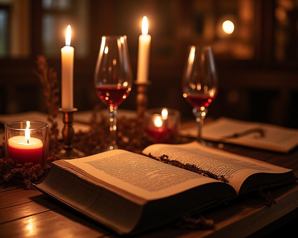 Cena letteraria a lume di candela con libri antichi e calici di vino